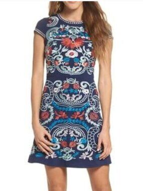 Foxiedox Anthropologie Sierra Floral Embroidered Navy Blue A-Line Dress - Small